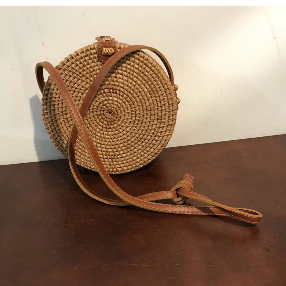 Round Woven Tan Crossbody Bag